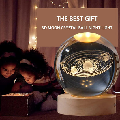 3D Solar System Crystal Ball Night Light, with Removable Glow Ball, Crystal Glass Art Wooden Base Led Display Stand for Office Decor, Home, Office, Bedside Lamp