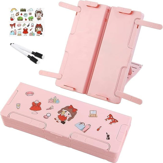 MILONI USA Latest Pencil Box for Girls Kids - Multi-Function Pencil Case with Book Stand Holder, White Board, Marker & Storage,School Box for Girls Compass Accessories (Pencil Box with Stand Pink)