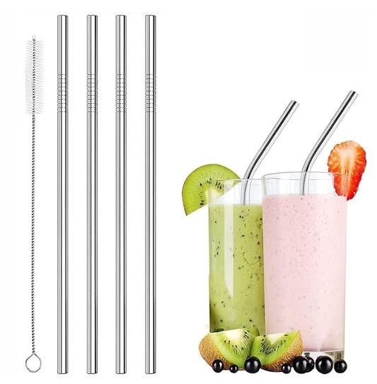 Reusable BPA-Free Metal, Dishwasher Safe Stainless Steel Drinking Straws with Cleaning Brush, 8.5 Inches (4 Straight Straws, 1 Brush)