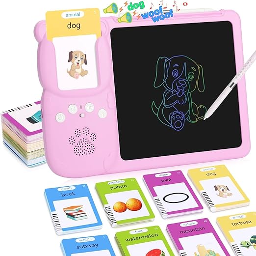 MECHBORN LCD Writing Tablet for Kids with Talking Flash Cards Montessori Toys Gifts for 3 4 5 6 Year Old Boys and Girls, Learning Educational Toys (riting Tablet with Flash Cards Pink)
