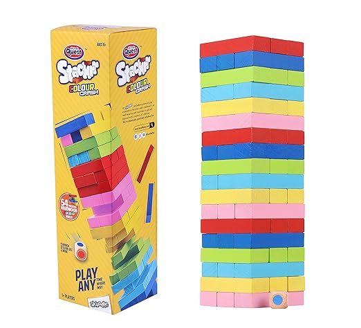 Quest Stackrr Colour Crash Tumbling Tower Game with 54 Precision Wooden Blocks of Premium Beachwood for Adults and Kids, 1 or More Players