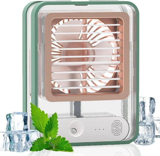 Small Personal Desk Fan with Mist Spray, LED Night Light, Electric Battery Operated Water Misting Fan, USB Rechargeable Portable Quiet Mini Desktop