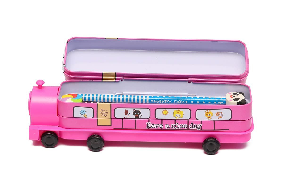 2 in 1 Cartoon Printed School Bus Shaped Pencil Compass Box and Toy for Kids with Wheels and Sharpener Metal (Pink)