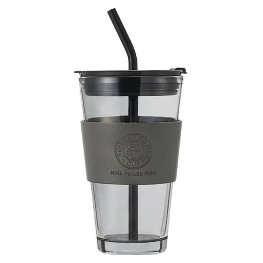 Leather Grip Glass Coffee Cup Mug with Lid & Straw - Anti Skid Clear Drinking Tumblers Sipper for Iced Tea, Juice, Cocktail, Smoothies Cold & Hot Drink