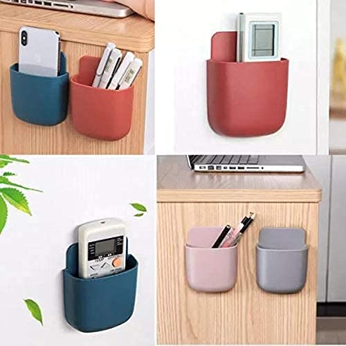 4 Piece Wall Mounted Inside Storage Box Remote Storage Organizer Case For A/C, Tv Mobile Phone Plug Holder Stand Rack- Glass And Marble Material, Blue