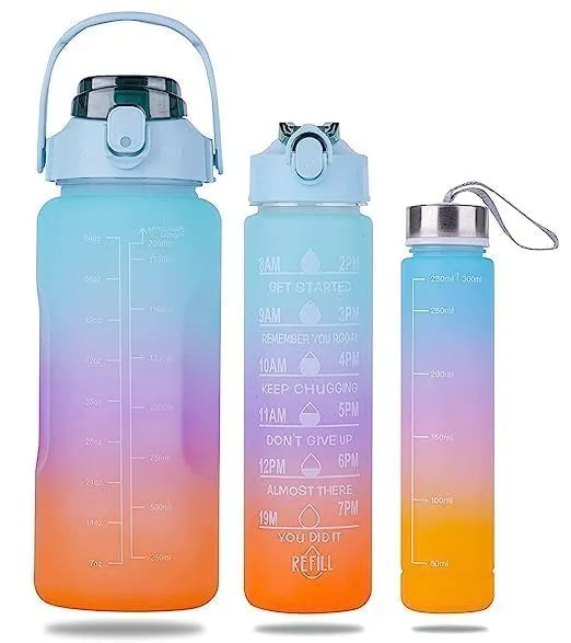 Motivational Water Bottle Set of 3 Pcs Time Marker with Straw, Unbreakable Leakproof BPA free Non-toxic Sipper Bottle for Office, Sports, Gym, School