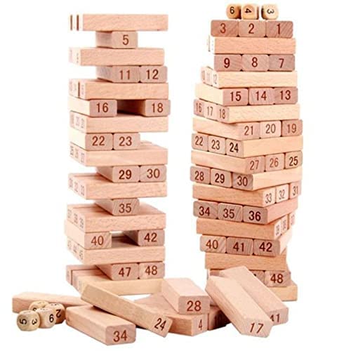 Wooden Blocks 51 Pcs 4 Dice Building Blocks Game Challenging Wooden Tumbling Tower, Wooden Stacking Toys with Dices Board Educational Puzzle Game for Adults and Kids (Wooden)