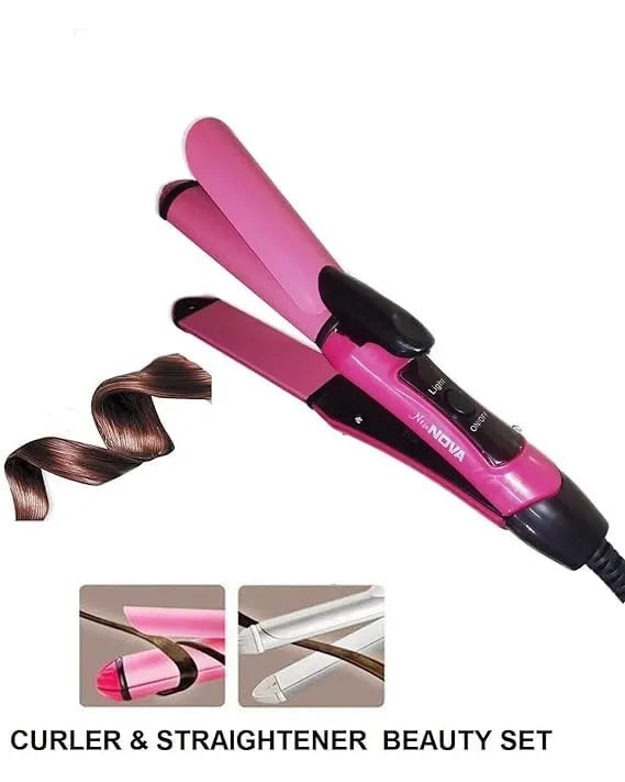 PINK NOVA HAIR STRAIGHTENER and Curler with Ceramic Coated Plate, Hair Straightener and Curler for Women