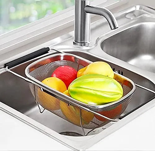 Stainless Steel Kitchen Sink Drain Basket Storage Dish Rack Adjustable Sink Colander Strainer Basket for Kitchen Sink with Rubber Grip Handle