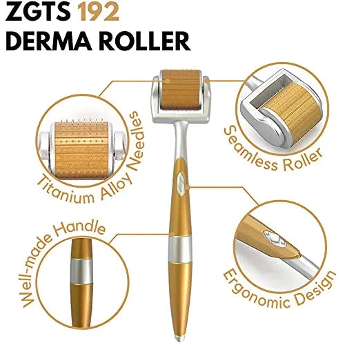 Derma Roller System 192 Needles Titanium Alloy Needles Roller for Acne Skin Hair Loss, Gold, 0.20mm