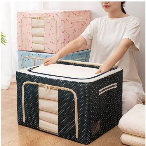 66 Litres Foldable Oxford Cloth Storage Bags Box Organisers with Steel Frame for Comforter, Bedding, Clothes - Anti-dust, Moisture-Proof Storage Box with Clear Window (Blue, Oxford Fabric)