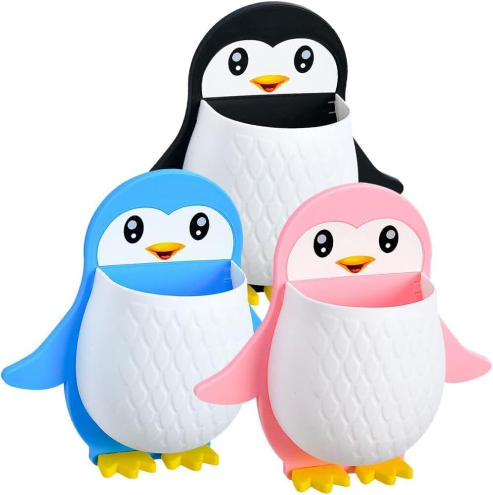 Wall Mounted Penguin Design Toothbrush Holder Cutlery Stationary Remote Organizer Hanging Mobile Holder Bathroom Holder Makeup Tools Wall Hanging Storage (Multicolor)(Pack of 3)