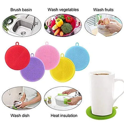 Silicone Washing Sponge Antibacterial Silicone Dish Scrubber Fruit and Vegetable Washing Brush Round Scrubber Pad Multipurpose Silicone Dishwashing Tools for Kitchen