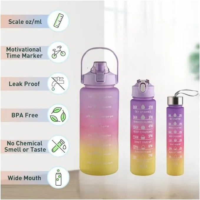 Motivational Water Bottle Set of 3 Pcs Time Marker with Straw, Unbreakable Leakproof BPA free Non-toxic Sipper Bottle for Office, Sports, Gym, School