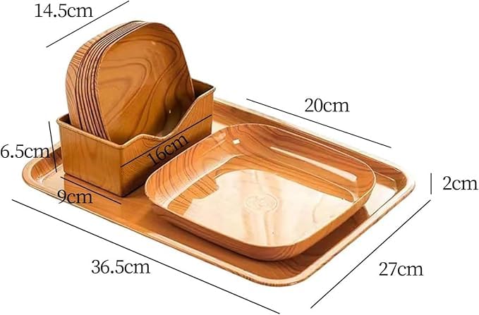 11 PCS Kitchen Wood Grain Square Dinner Plate Set for Snack,Fruit,Dessert Dishware with Serving Tray, Creative Plate,Unbreakable Tray Set Durable Service