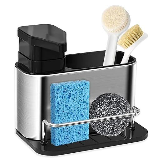 Dish Soap Dispenser for Kitchen Sink, 3 in 1 Kitchen Sink Caddy with Sponge Holder, Stainless Steel Kitchen Sink Organizer with Soap Dispenser