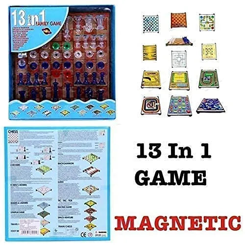 Family Magnetic 13 In 1 Board Game Including Chess Snakes Ladders Back Gammon Ludo Tic-Tac-Toe Checkers Travel Bingo Football Set Game