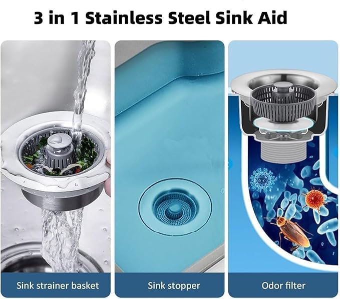 3 in 1 Kitchen Sink Drain Strainer - Stopper Set, Stainless Steel Kitchen Sink Stopper, Pop Up Anti-Clogging Sink Strainer Basket Filter