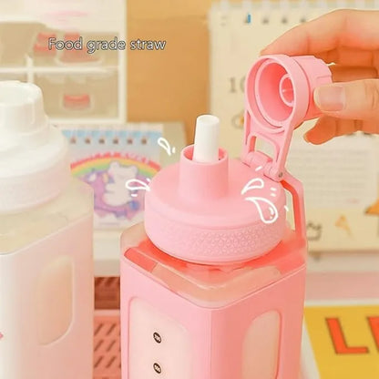 Large Kawaii Water Bottle With Straw And 3D Stickers Cute Aesthetic Bottle Kawaii Milk Bottle Tea Cup Juice Shaker Portable Silicone