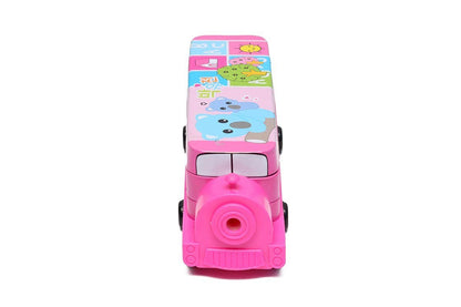 2 in 1 Cartoon Printed School Bus Shaped Pencil Compass Box and Toy for Kids with Wheels and Sharpener Metal (Pink)