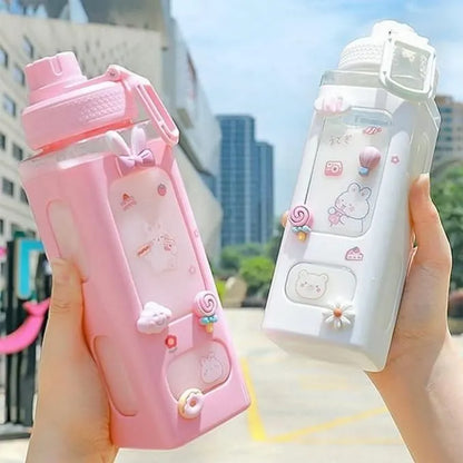 Large Kawaii Water Bottle With Straw And 3D Stickers Cute Aesthetic Bottle Kawaii Milk Bottle Tea Cup Juice Shaker Portable Silicone