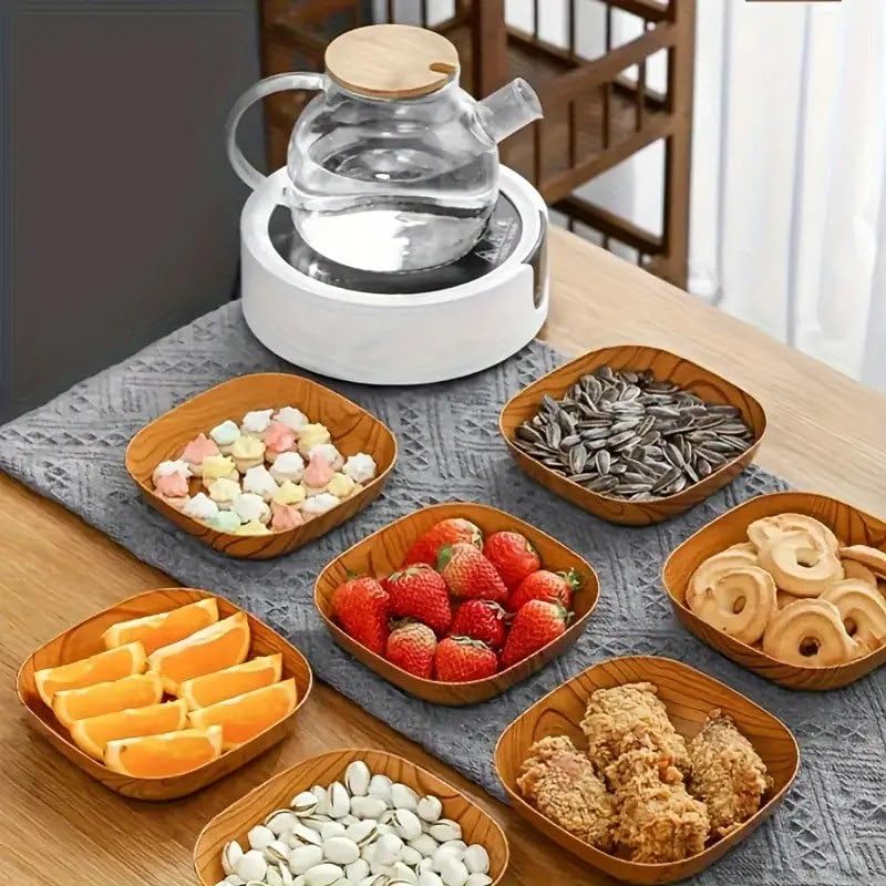 11 PCS Kitchen Wood Grain Square Dinner Plate Set for Snack,Fruit,Dessert Dishware with Serving Tray, Creative Plate,Unbreakable Tray Set Durable Service