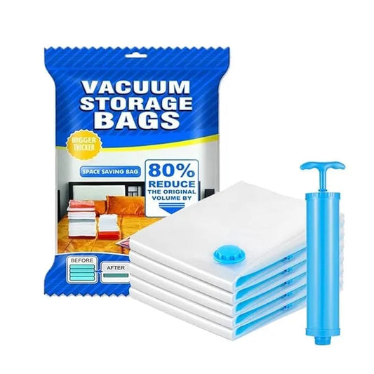 Space Saver (Pack of 5) Reusable Vacuum Storage Ziplock Compression Sealer Bags for Travel clothes and home Blankets, Quilts with hand Pump (2 Small + 2 Medium + 1 Large + Hand Pump)