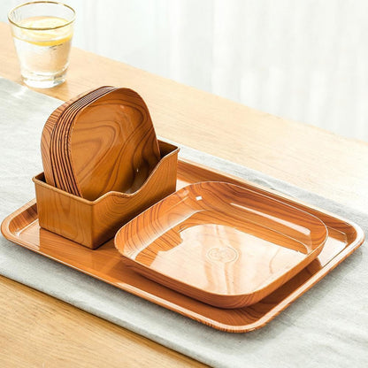 11 PCS Kitchen Wood Grain Square Dinner Plate Set for Snack,Fruit,Dessert Dishware with Serving Tray, Creative Plate,Unbreakable Tray Set Durable Service