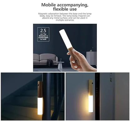 Wooden Finish Rechargeable LED Motion Sensor Night Light with Magnetic Attachment, Type C Port, Body Walking Sensor, Wall Light for Indoor