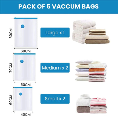 MILONI USA Reusable Vacuum Storage Ziplock Space Saver Bags for Travel - with HandPump ((4 PCS PLAIN BAG, 1 PUMP))