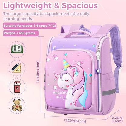 MILONI USA Unicorn Backpack for Kids Girls Stylish Durable Shoulder School Bags for Girls Kids 6-12 Years Unicorn Print Kids Backpack, Water Resistant, Zipper Closure, Purple