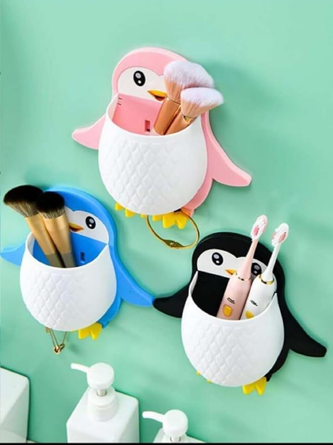 Wall Mounted Penguin Design Toothbrush Holder Cutlery Stationary Remote Organizer Hanging Mobile Holder Bathroom Holder Makeup Tools Wall Hanging Storage (Multicolor)(Pack of 3)