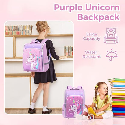 MILONI USA Unicorn Backpack for Kids Girls Stylish Durable Shoulder School Bags for Girls Kids 6-12 Years Unicorn Print Kids Backpack, Water Resistant, Zipper Closure, Purple