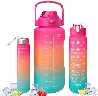 Motivational Water Bottle Set of 3 Pcs Time Marker with Straw, Unbreakable Leakproof BPA free Non-toxic Sipper Bottle for Office, Sports, Gym, School