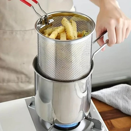 Small Deep Frying Pot with Strainer Basket | 1200ml Stainless Steel Pan with Handle | Ideal for Frying French Fries/Chicken Wings/Shrimp/Fish/Boiling Butter/Sauce/Gravies/Pasta(1Piece)