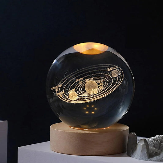 3D Solar System Crystal Ball Night Light, with Removable Glow Ball, Crystal Glass Art Wooden Base Led Display Stand for Office Decor, Home, Office, Bedside Lamp