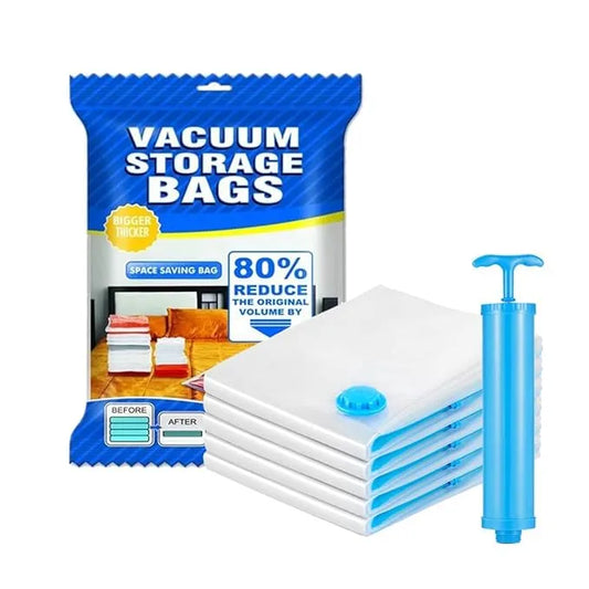 Vacuum Storage Bag Reusable,Space Saver, Clothes Organizer, Saree Blankets Packing Bags (5 PCS Vacuum Bag) with Hand Pump for Travel