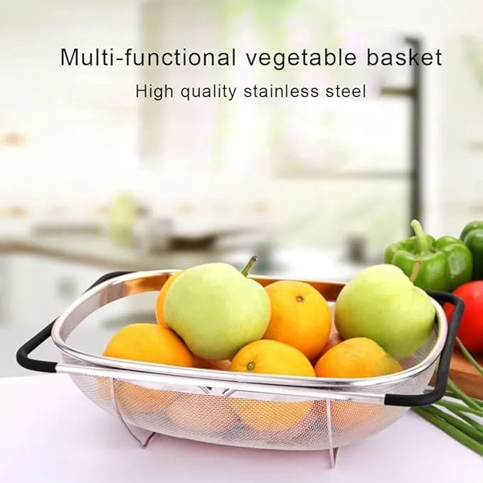 Stainless Steel Kitchen Sink Drain Basket Storage Dish Rack Adjustable Sink Colander Strainer Basket for Kitchen Sink with Rubber Grip Handle