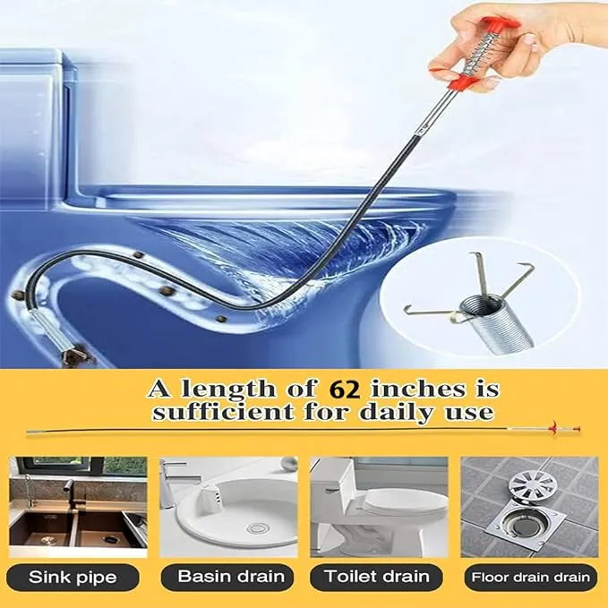 Stainless Steel Hair Catching Claw Drain Sewer Cleaner Spring Wire Sink Pipe Dredge Cleaning Stick Drain Plunger Unblocked Kitchen Bath Basin Hair Remover Tool - 5ft (160cm)