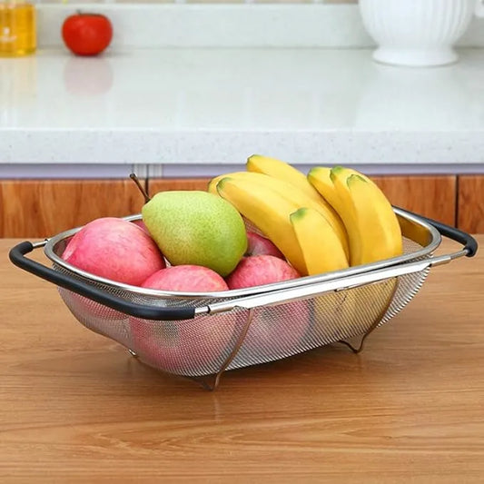 Stainless Steel Kitchen Sink Drain Basket Storage Dish Rack Adjustable Sink Colander Strainer Basket for Kitchen Sink with Rubber Grip Handle