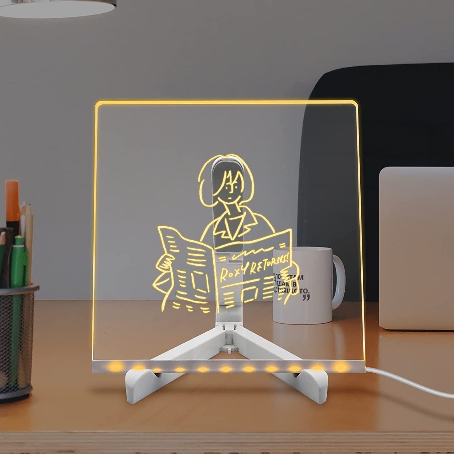 Led Board for Writing, 3D Acrylic LED Message Board, Led Writing Board, 3D Acrylic, Birthday Gift, Acrylic Dry Erase Board with 13 Pen & Stand for Note/Message - 15 x 15 x 1 cm