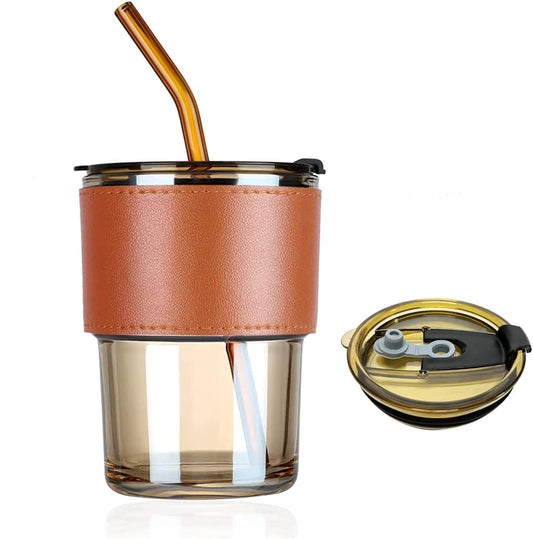 Leather Grip Coffee Cup Sipper Glass with Straw Mug Grip,Glass Bottle Straw for Adults Juice Tumbler Lid Anti-SkidSleeve Hot Cold Beverages Smoothies Fruit Juice Travel 450 ml