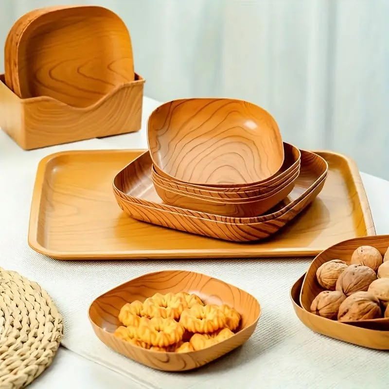 11 PCS Kitchen Wood Grain Square Dinner Plate Set for Snack,Fruit,Dessert Dishware with Serving Tray, Creative Plate,Unbreakable Tray Set Durable Service