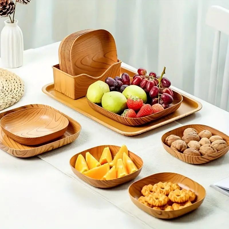 11 PCS Kitchen Wood Grain Square Dinner Plate Set for Snack,Fruit,Dessert Dishware with Serving Tray, Creative Plate,Unbreakable Tray Set Durable Service