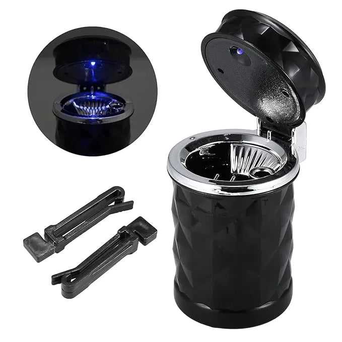 Car Accessories Universal Portable Trash Can Ashtray with Blue LED Light Indicator Windproof Black