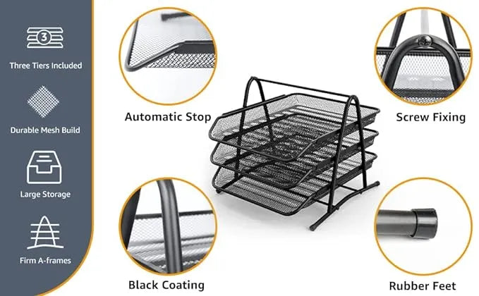 3 Tier Mesh Metal Desk Organiser File Rack Letter Tray A4 Papers Documents, File, Paper, Letter Holder Desk Organizer for Office (Black)