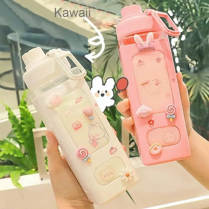 Large Kawaii Water Bottle With Straw And 3D Stickers Cute Aesthetic Bottle Kawaii Milk Bottle Tea Cup Juice Shaker Portable Silicone