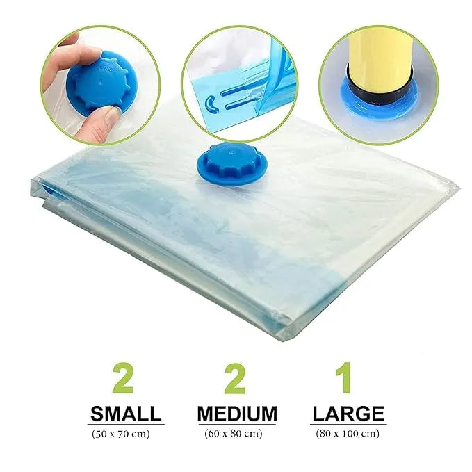 Vacuum Storage Bag Reusable,Space Saver, Clothes Organizer, Saree Blankets Packing Bags (5 PCS Vacuum Bag) with Hand Pump for Travel