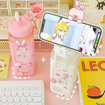 Large Kawaii Water Bottle With Straw And 3D Stickers Cute Aesthetic Bottle Kawaii Milk Bottle Tea Cup Juice Shaker Portable Silicone