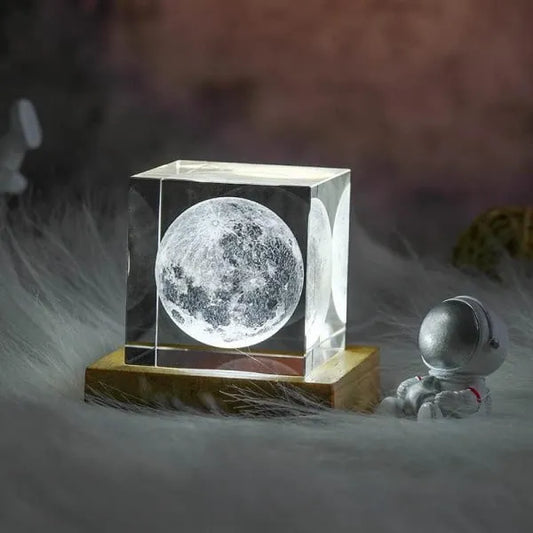 3D Moon Crystal Cube Laser Engraved with LED Base, Birthday Present Lamp Unique Night Light, Galaxy Glass Art Gifts